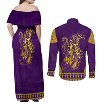 Anubis and Horus Couples Matching Off Shoulder Maxi Dress and Long Sleeve Button Shirt Egyptian God Purple - Wonder Print Shop