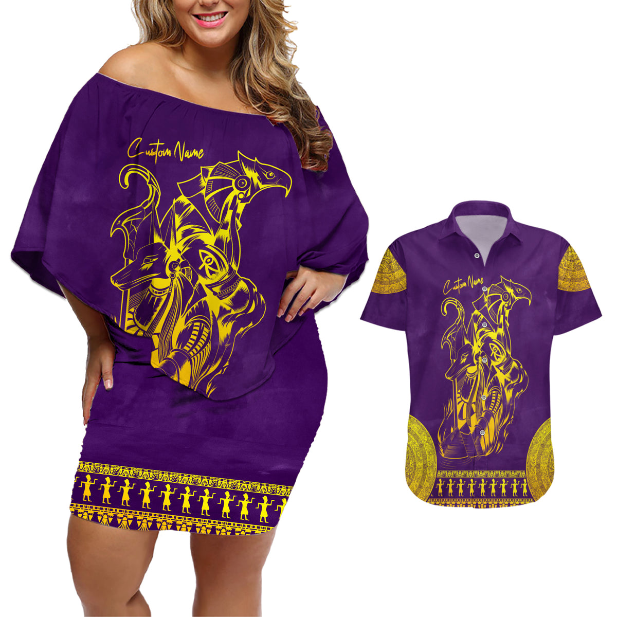 Anubis and Horus Couples Matching Off Shoulder Short Dress and Hawaiian Shirt Egyptian God Purple - Wonder Print Shop