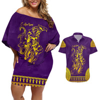 Anubis and Horus Couples Matching Off Shoulder Short Dress and Hawaiian Shirt Egyptian God Purple - Wonder Print Shop