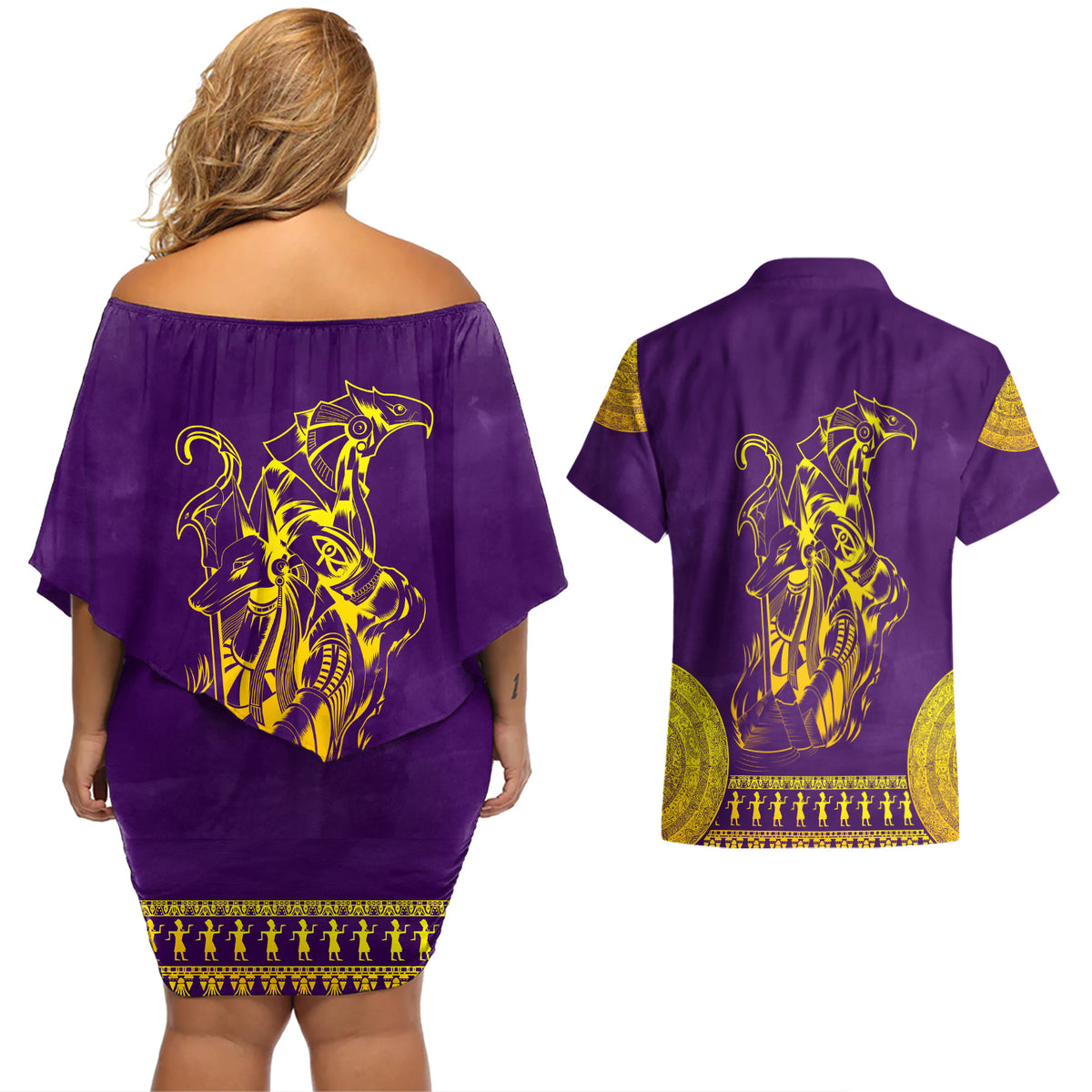 Anubis and Horus Couples Matching Off Shoulder Short Dress and Hawaiian Shirt Egyptian God Purple - Wonder Print Shop