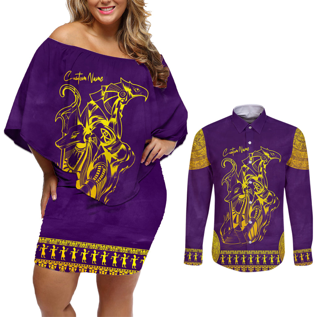 Anubis and Horus Couples Matching Off Shoulder Short Dress and Long Sleeve Button Shirt Egyptian God Purple - Wonder Print Shop