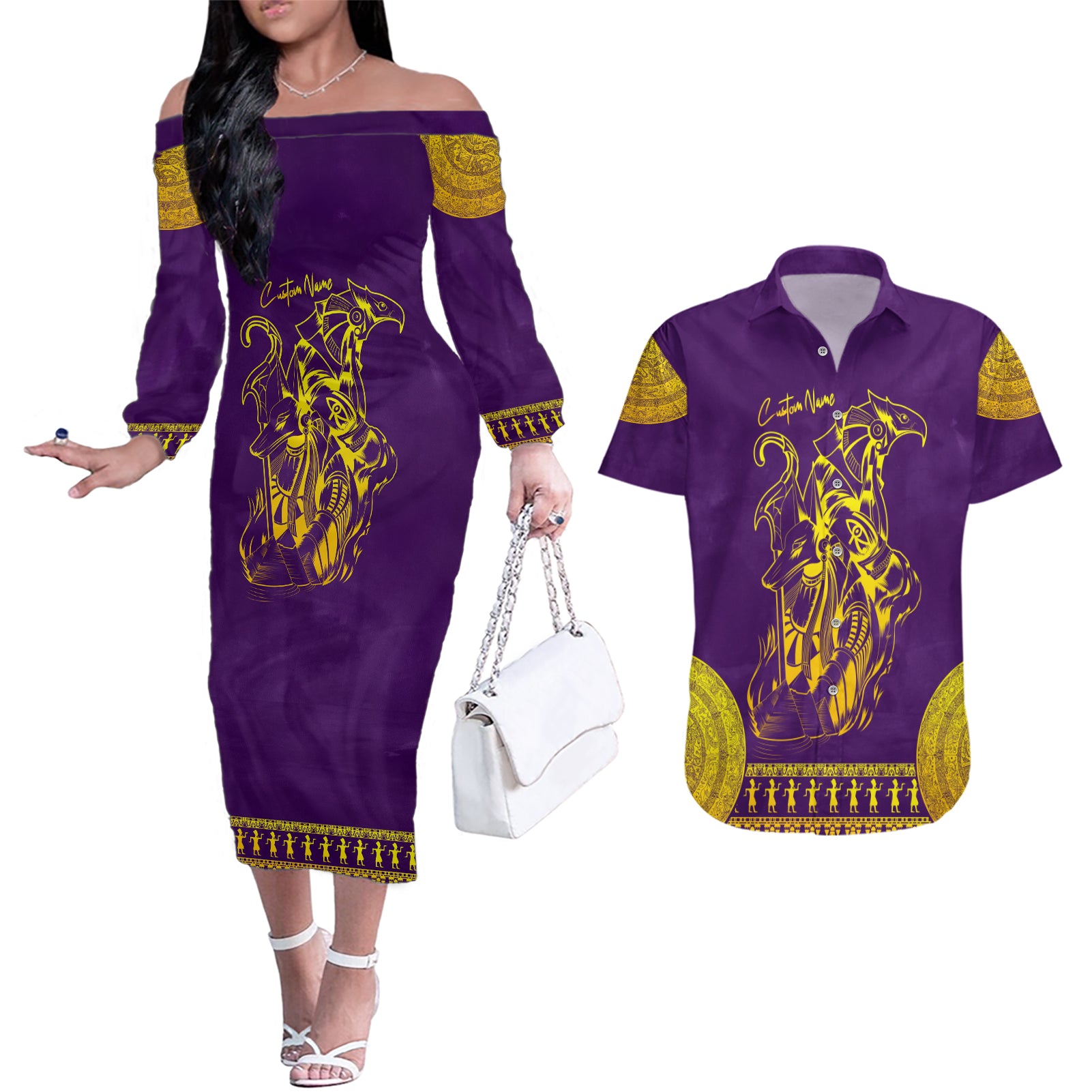 Anubis and Horus Couples Matching Off The Shoulder Long Sleeve Dress and Hawaiian Shirt Egyptian God Purple