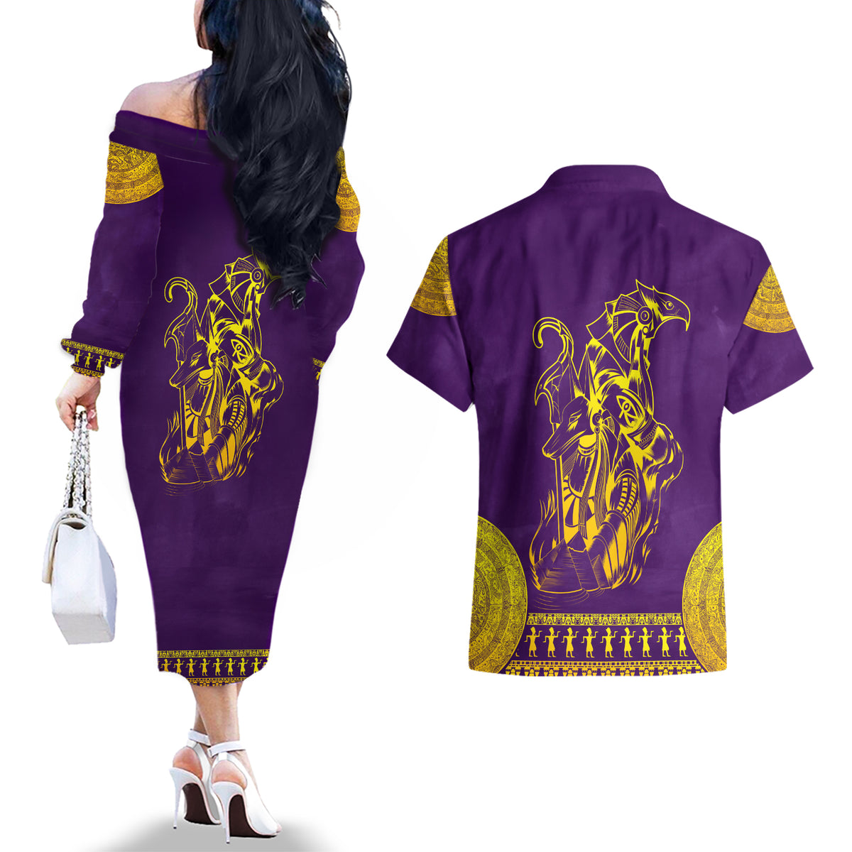 Anubis and Horus Couples Matching Off The Shoulder Long Sleeve Dress and Hawaiian Shirt Egyptian God Purple - Wonder Print Shop