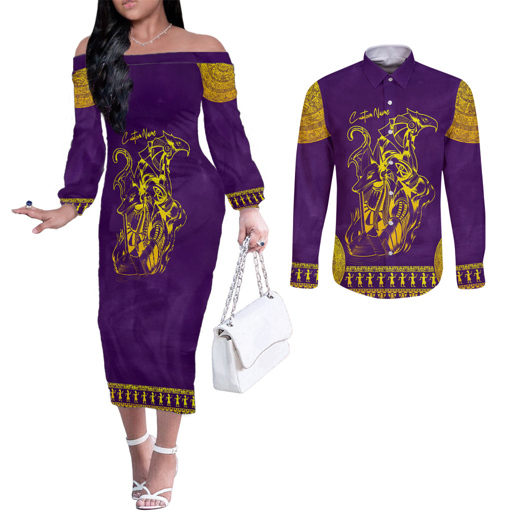 Anubis and Horus Couples Matching Off The Shoulder Long Sleeve Dress and Long Sleeve Button Shirt Egyptian God Purple