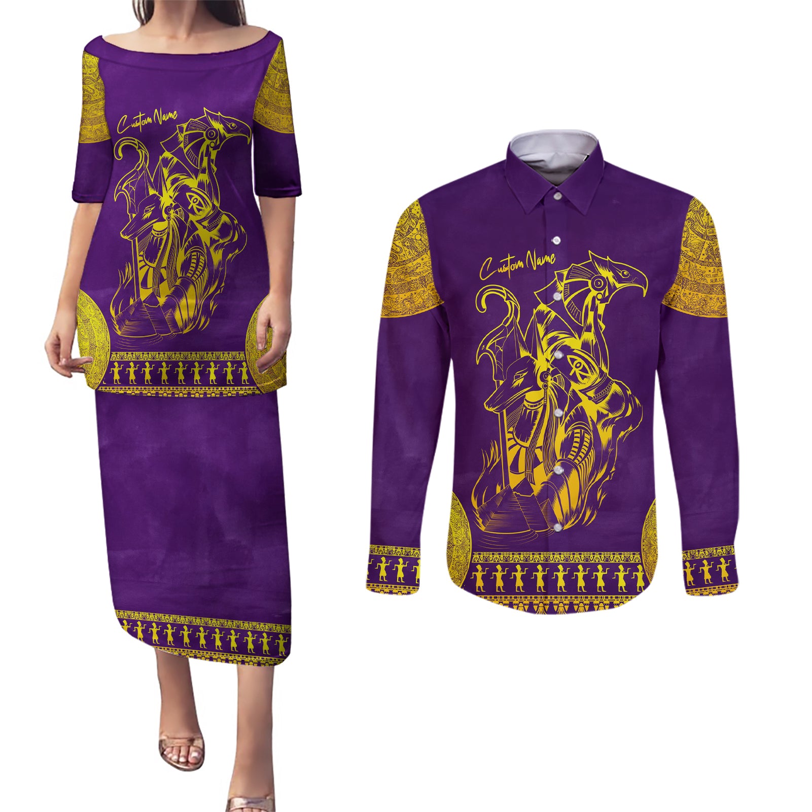Anubis and Horus Couples Matching Puletasi and Long Sleeve Button Shirt Egyptian God Purple