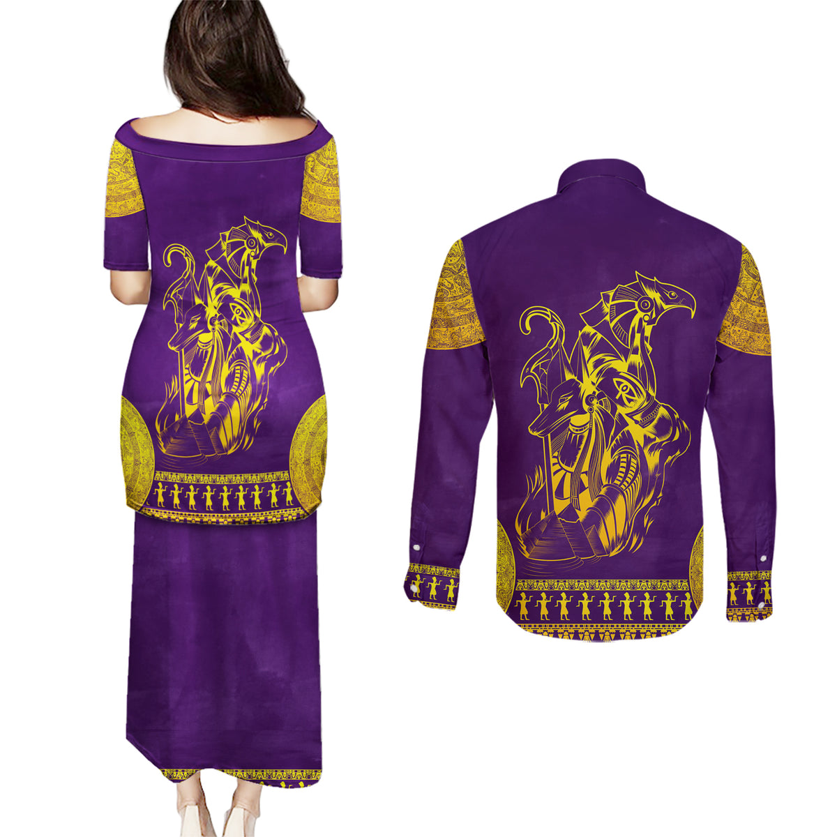 Anubis and Horus Couples Matching Puletasi and Long Sleeve Button Shirt Egyptian God Purple - Wonder Print Shop