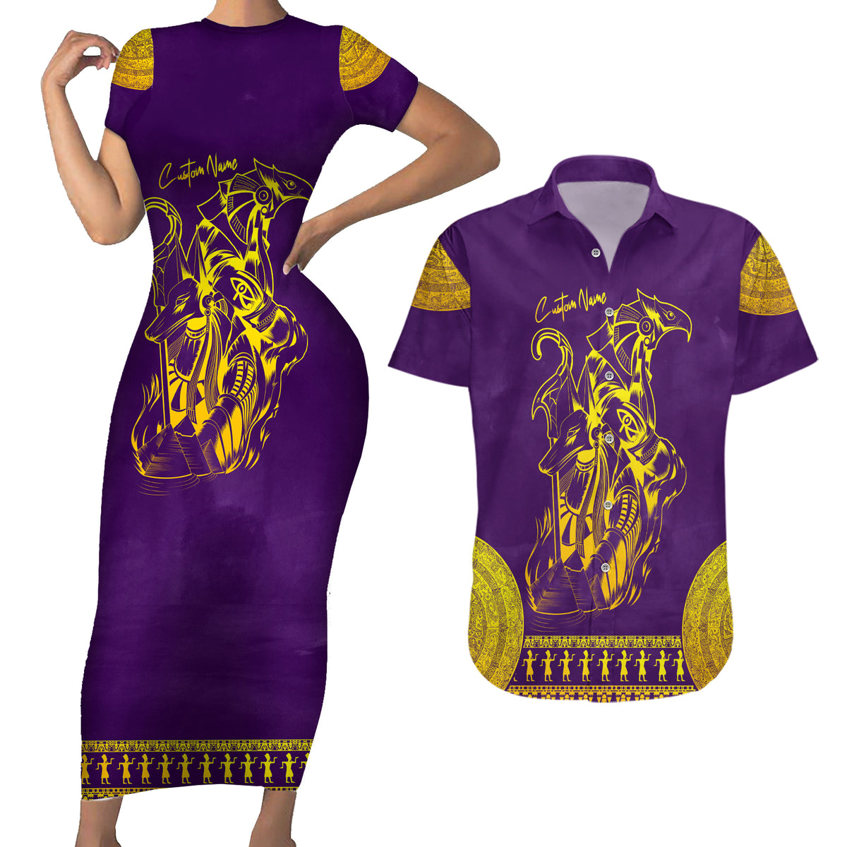 Anubis and Horus Couples Matching Short Sleeve Bodycon Dress and Hawaiian Shirt Egyptian God Purple - Wonder Print Shop