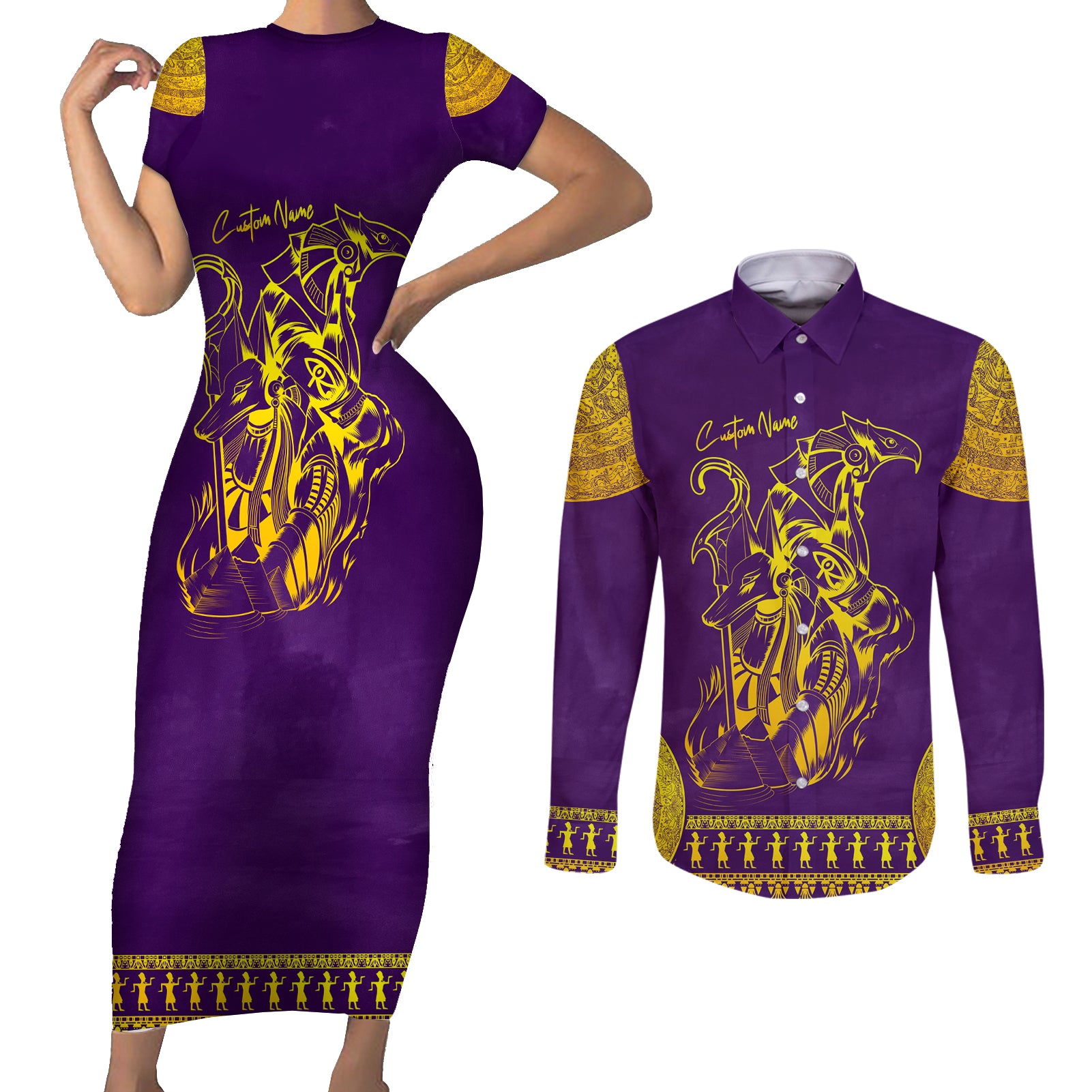 Anubis and Horus Couples Matching Short Sleeve Bodycon Dress and Long Sleeve Button Shirt Egyptian God Purple