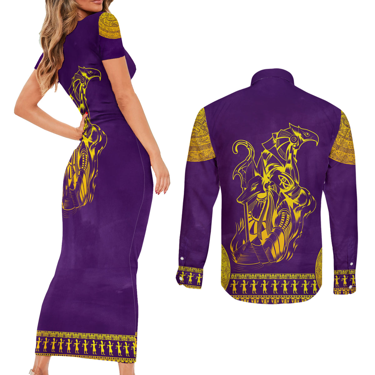 Anubis and Horus Couples Matching Short Sleeve Bodycon Dress and Long Sleeve Button Shirt Egyptian God Purple - Wonder Print Shop