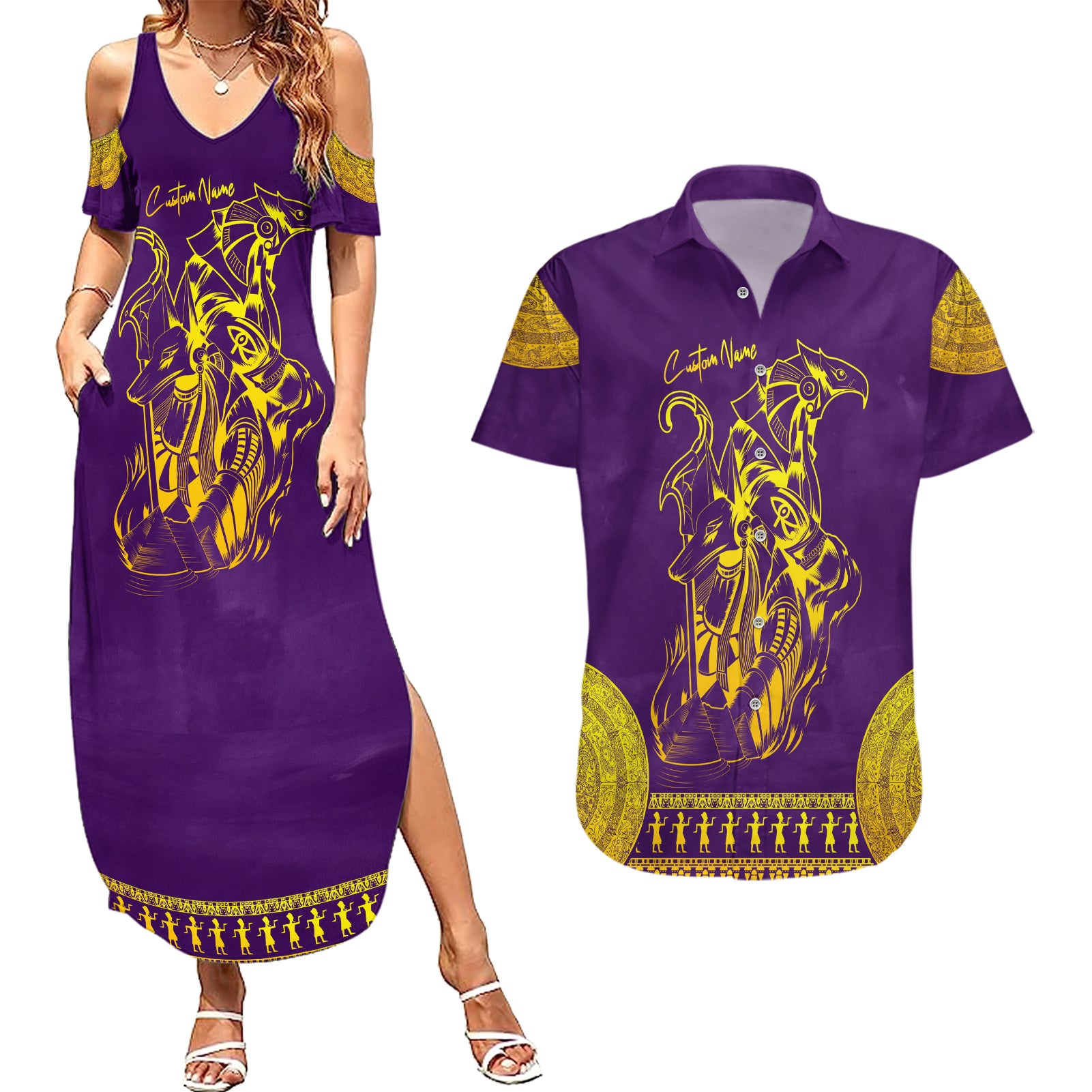 Anubis and Horus Couples Matching Summer Maxi Dress and Hawaiian Shirt Egyptian God Purple
