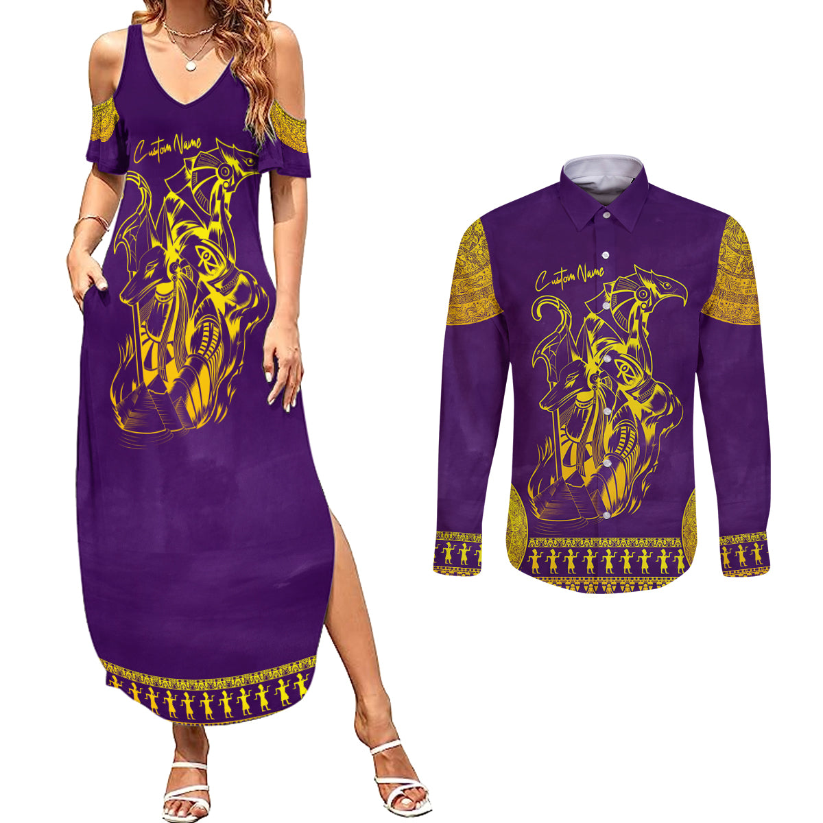 Anubis and Horus Couples Matching Summer Maxi Dress and Long Sleeve Button Shirt Egyptian God Purple