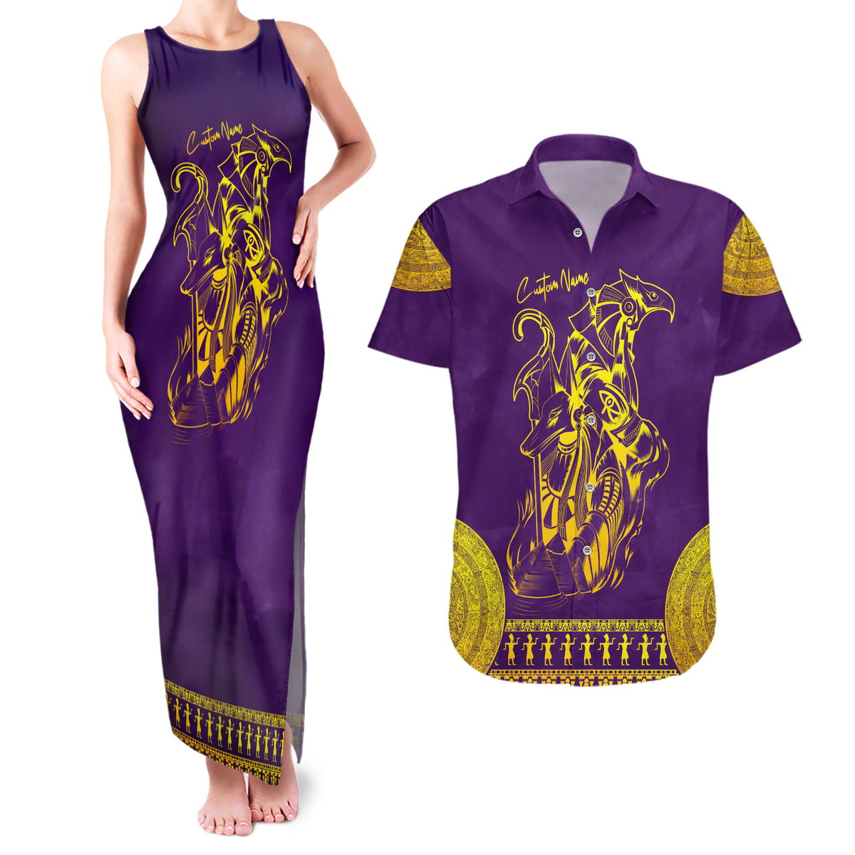 Anubis and Horus Couples Matching Tank Maxi Dress and Hawaiian Shirt Egyptian God Purple - Wonder Print Shop