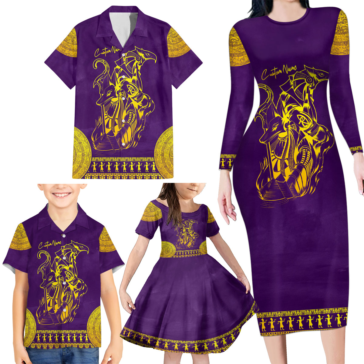 Anubis and Horus Family Matching Long Sleeve Bodycon Dress and Hawaiian Shirt Egyptian God Purple
