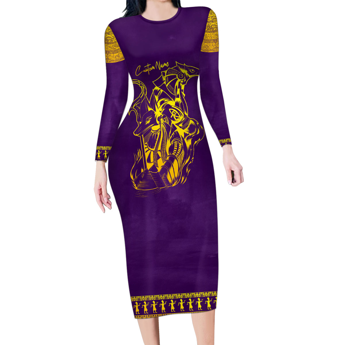 Anubis and Horus Family Matching Long Sleeve Bodycon Dress and Hawaiian Shirt Egyptian God Purple - Wonder Print Shop