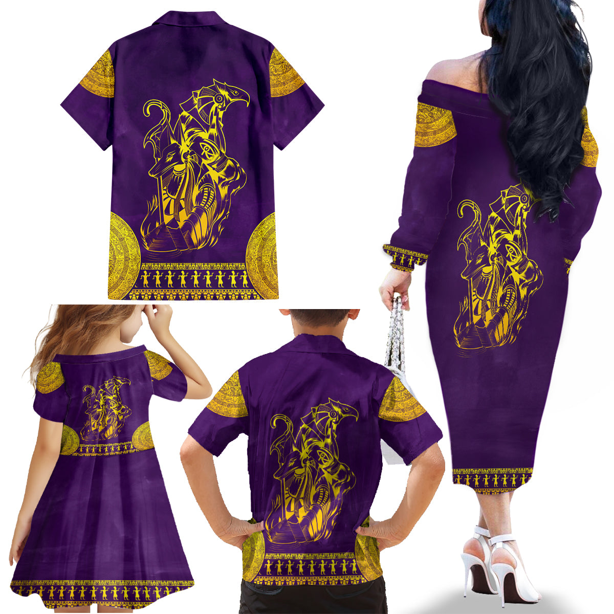 Anubis and Horus Family Matching Off Shoulder Long Sleeve Dress and Hawaiian Shirt Egyptian God Purple - Wonder Print Shop