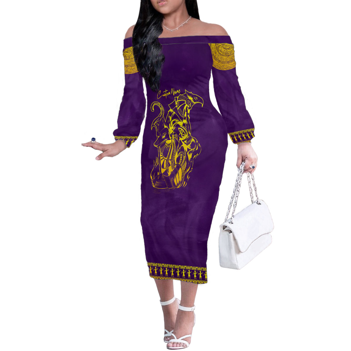 Anubis and Horus Family Matching Off Shoulder Long Sleeve Dress and Hawaiian Shirt Egyptian God Purple - Wonder Print Shop
