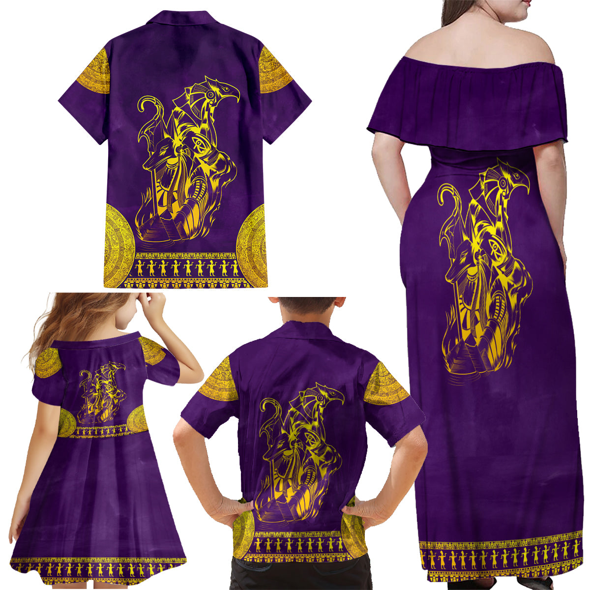 Anubis and Horus Family Matching Off Shoulder Maxi Dress and Hawaiian Shirt Egyptian God Purple - Wonder Print Shop