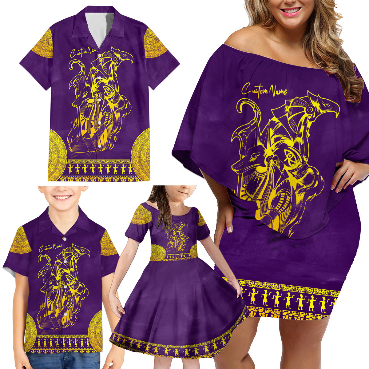 Anubis and Horus Family Matching Off Shoulder Short Dress and Hawaiian Shirt Egyptian God Purple