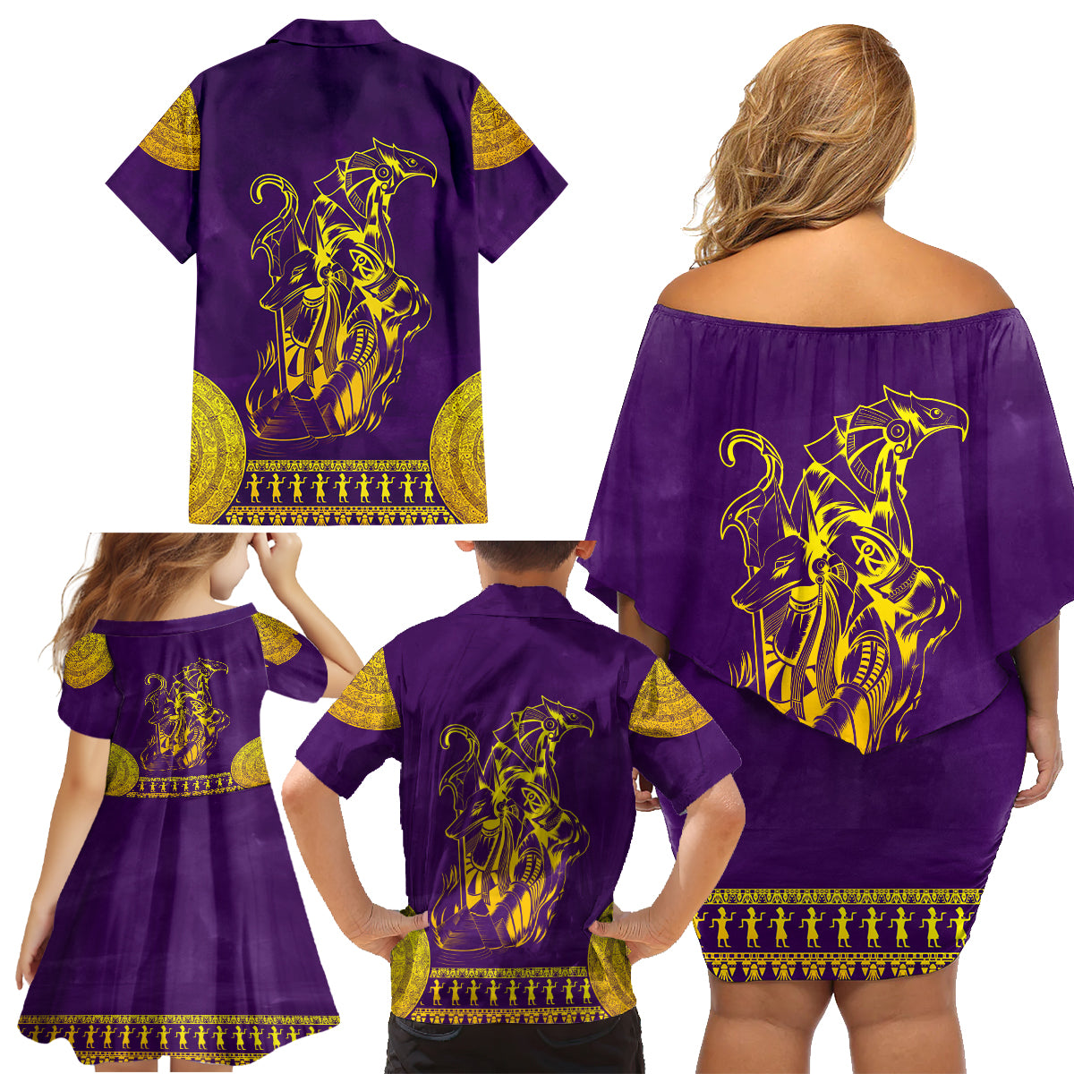 Anubis and Horus Family Matching Off Shoulder Short Dress and Hawaiian Shirt Egyptian God Purple - Wonder Print Shop