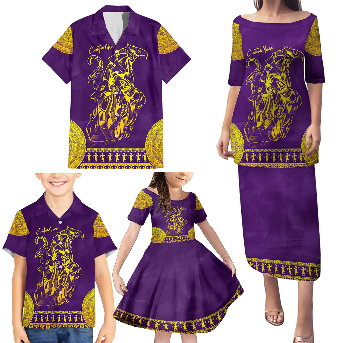 Anubis and Horus Family Matching Puletasi and Hawaiian Shirt Egyptian God Purple