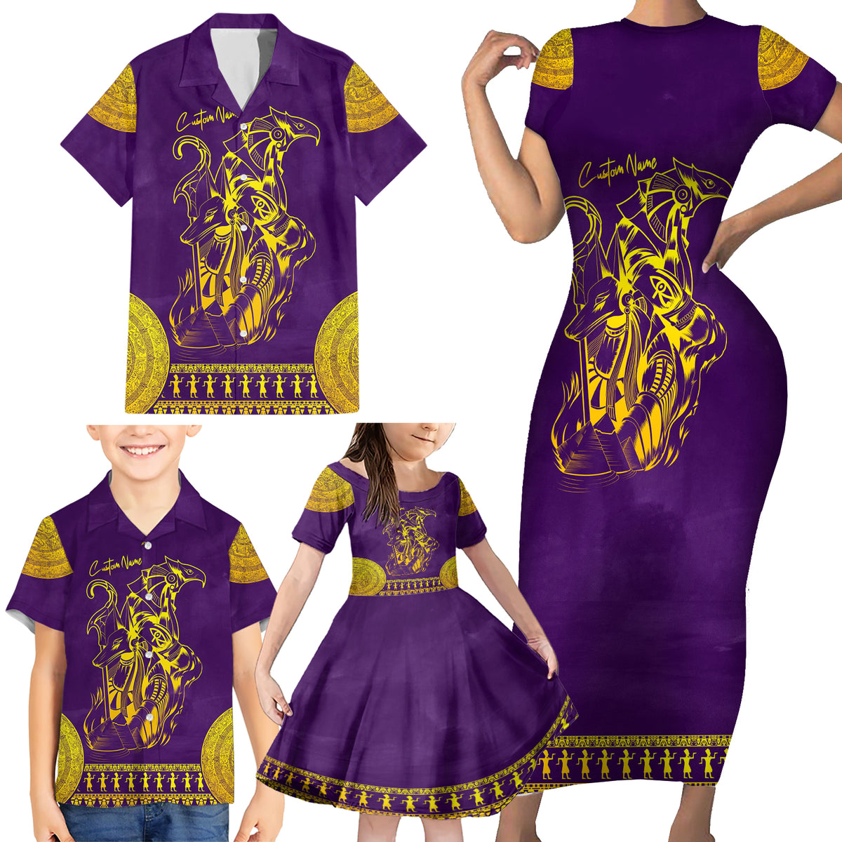 Anubis and Horus Family Matching Short Sleeve Bodycon Dress and Hawaiian Shirt Egyptian God Purple - Wonder Print Shop