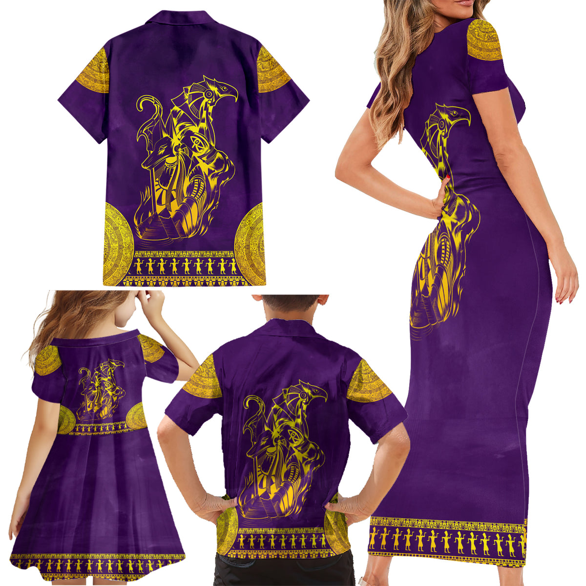 Anubis and Horus Family Matching Short Sleeve Bodycon Dress and Hawaiian Shirt Egyptian God Purple - Wonder Print Shop