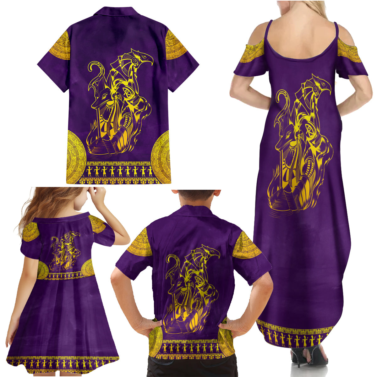 Anubis and Horus Family Matching Summer Maxi Dress and Hawaiian Shirt Egyptian God Purple - Wonder Print Shop