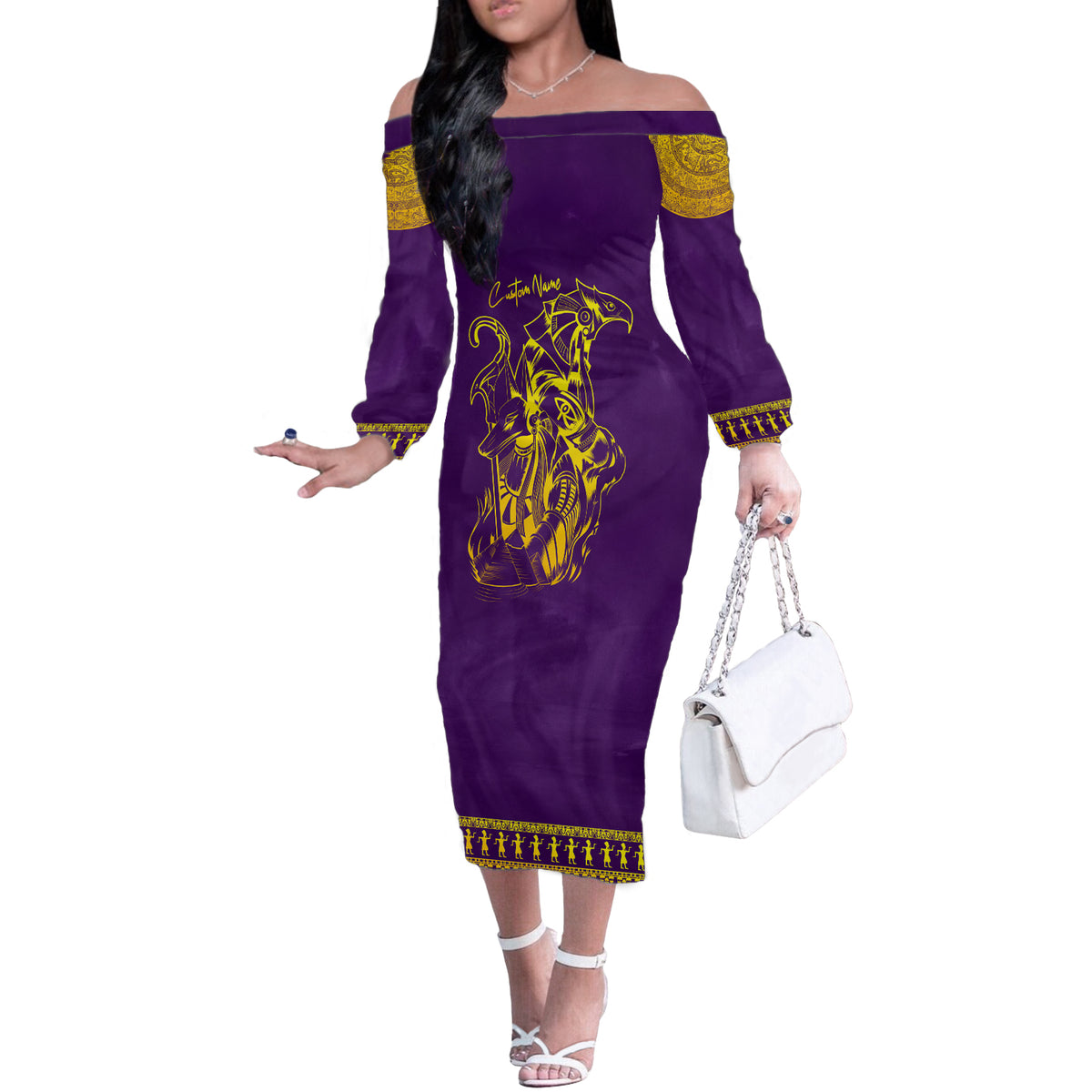 Anubis and Horus Off The Shoulder Long Sleeve Dress Egyptian God Purple - Wonder Print Shop