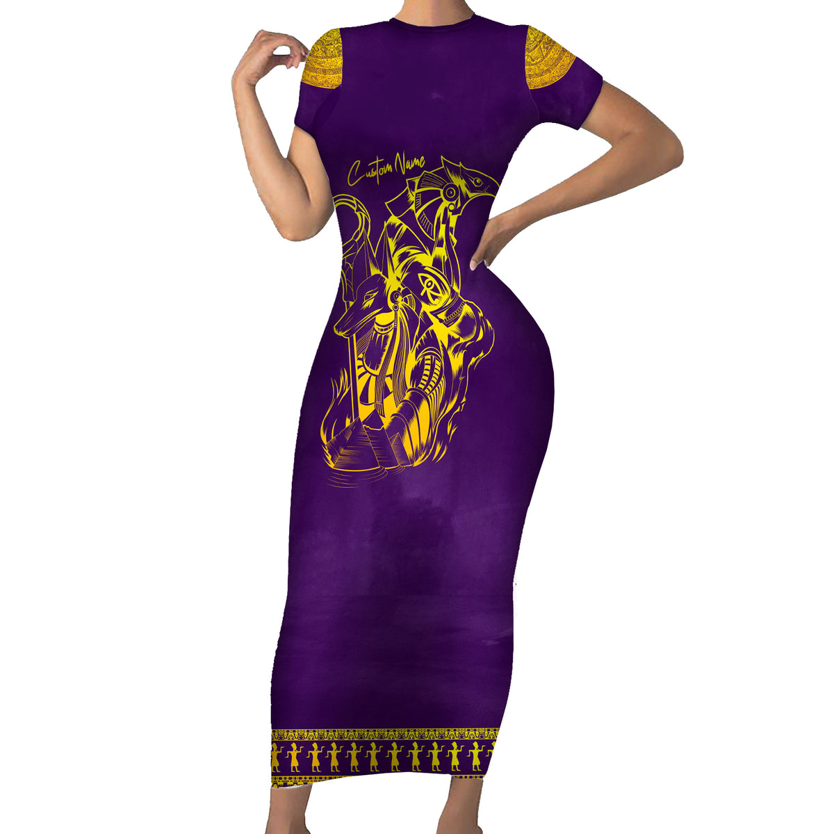 Anubis and Horus Short Sleeve Bodycon Dress Egyptian God Purple - Wonder Print Shop