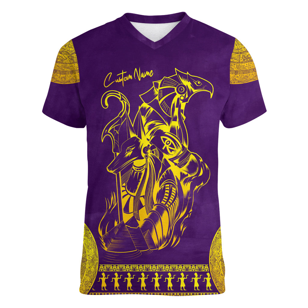 Anubis and Horus Women V Neck T Shirt Egyptian God Purple