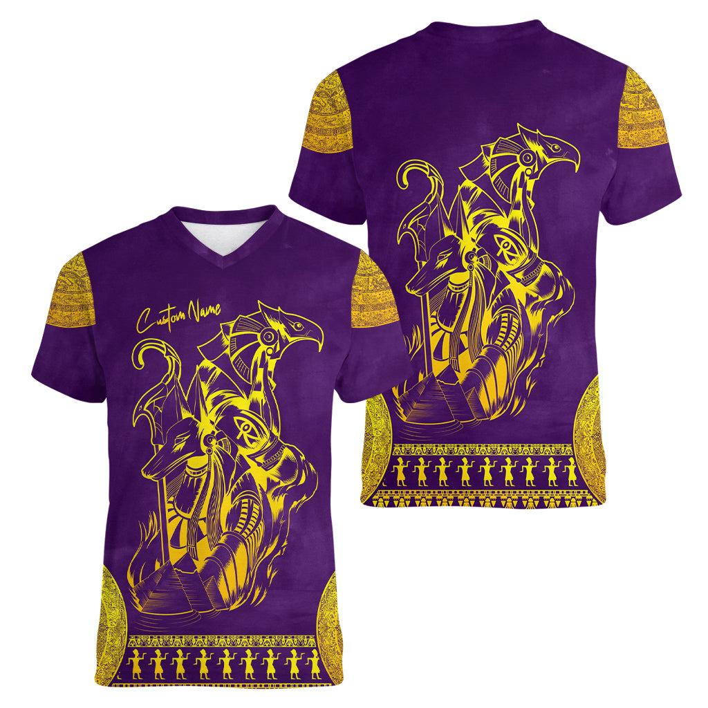 Anubis and Horus Women V Neck T Shirt Egyptian God Purple - Wonder Print Shop