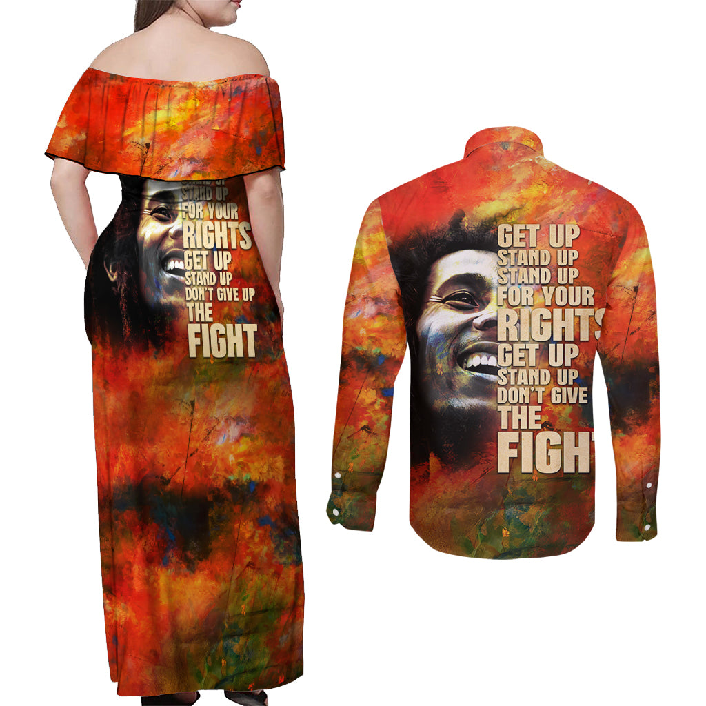 Reggae Legend Bob Couples Matching Off Shoulder Maxi Dress and Long Sleeve Button Shirt Retro Style - Wonder Print Shop