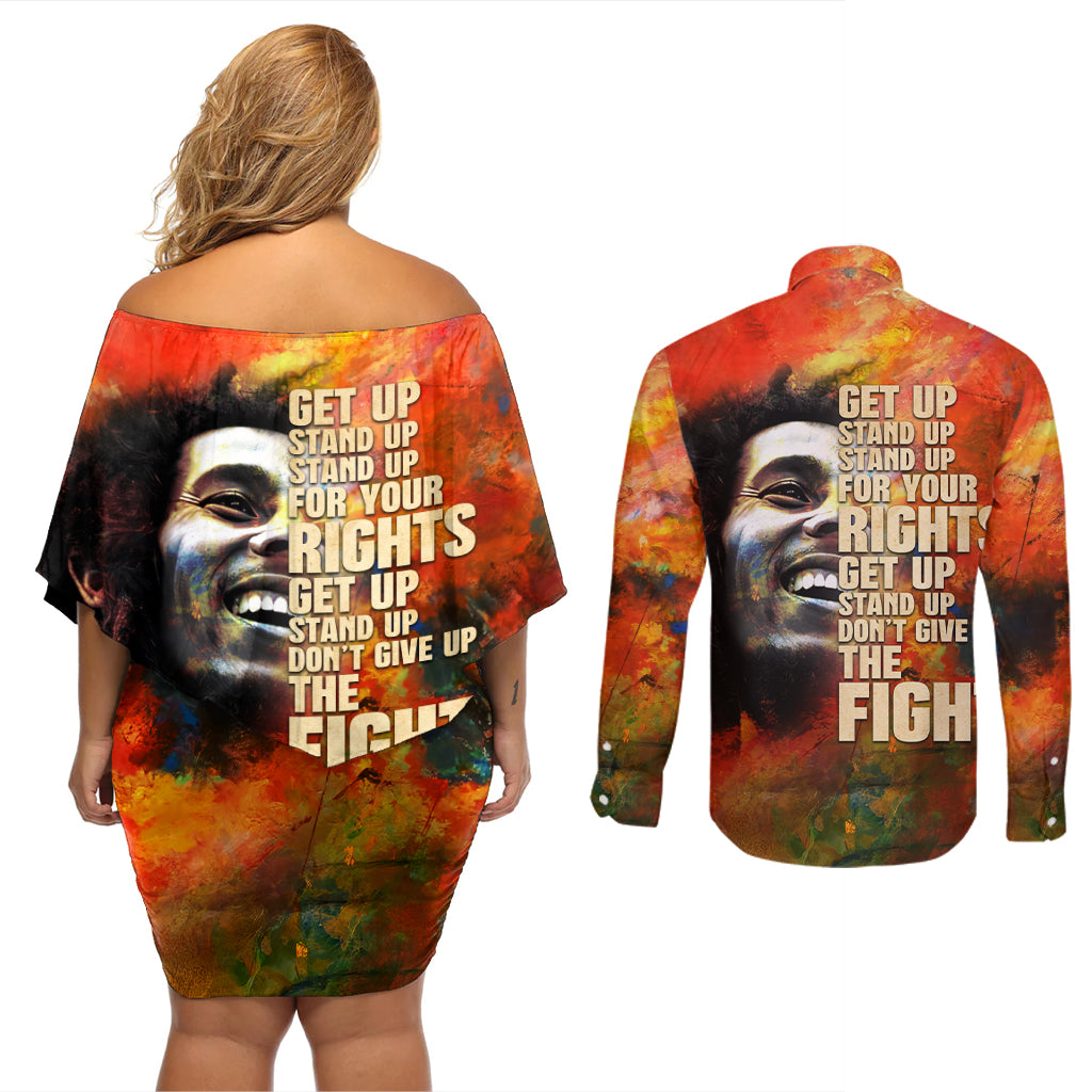 Reggae Legend Bob Couples Matching Off Shoulder Short Dress and Long Sleeve Button Shirt Retro Style - Wonder Print Shop
