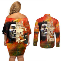 Reggae Legend Bob Couples Matching Off Shoulder Short Dress and Long Sleeve Button Shirt Retro Style - Wonder Print Shop