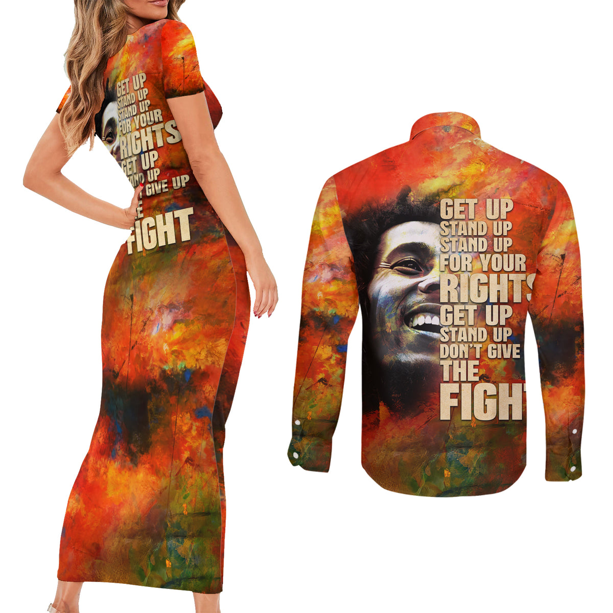 Reggae Legend Bob Couples Matching Short Sleeve Bodycon Dress and Long Sleeve Button Shirt Retro Style - Wonder Print Shop