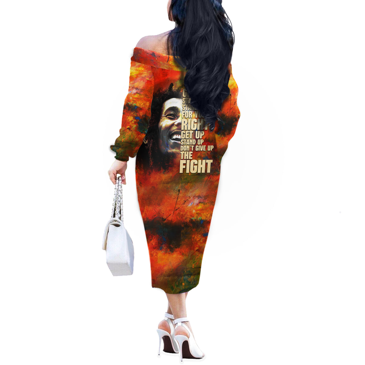 Reggae Legend Bob Off The Shoulder Long Sleeve Dress Retro Style - Wonder Print Shop