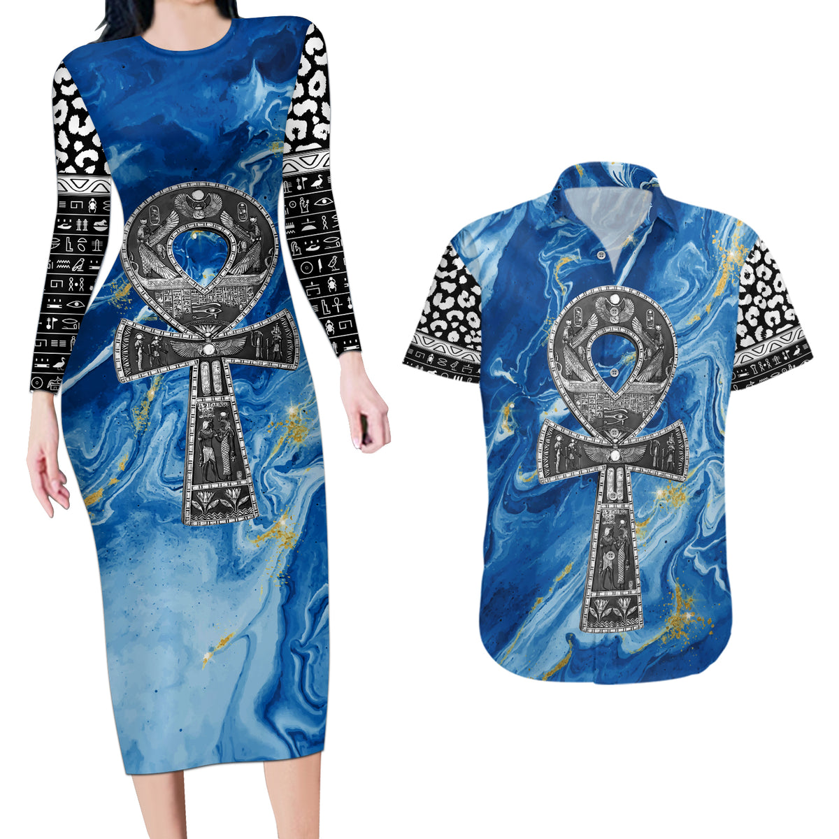 Ankh On Blue Couples Matching Long Sleeve Bodycon Dress and Hawaiian Shirt Pan African - Wonder Print Shop