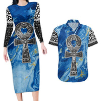 Ankh On Blue Couples Matching Long Sleeve Bodycon Dress and Hawaiian Shirt Pan African - Wonder Print Shop
