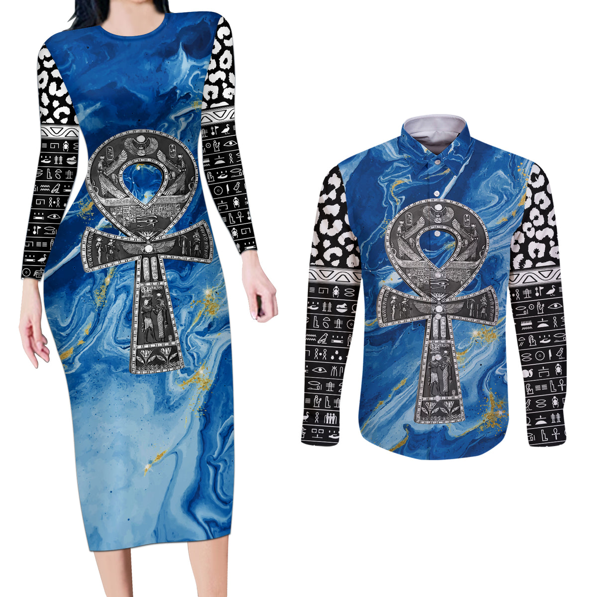 Ankh On Blue Couples Matching Long Sleeve Bodycon Dress and Long Sleeve Button Shirt Pan African - Wonder Print Shop