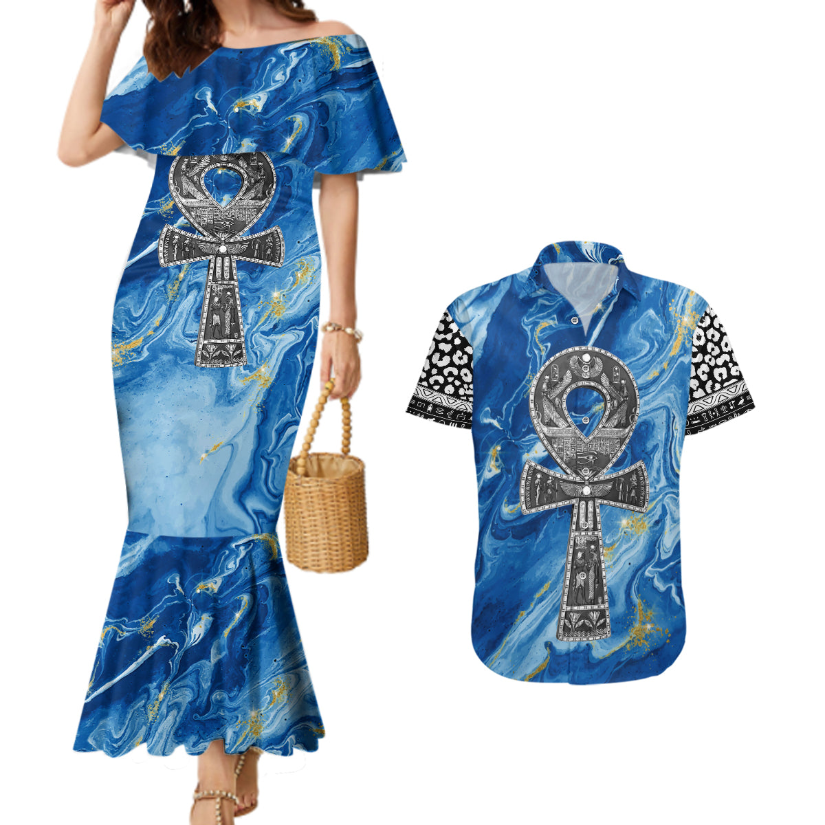 Ankh On Blue Couples Matching Mermaid Dress and Hawaiian Shirt Pan African - Wonder Print Shop