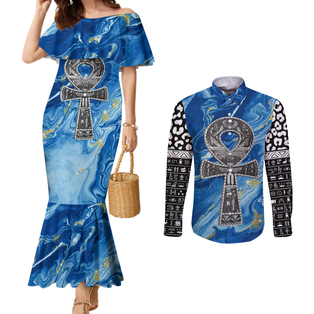 Ankh On Blue Couples Matching Mermaid Dress and Long Sleeve Button Shirt Pan African