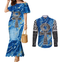 Ankh On Blue Couples Matching Mermaid Dress and Long Sleeve Button Shirt Pan African