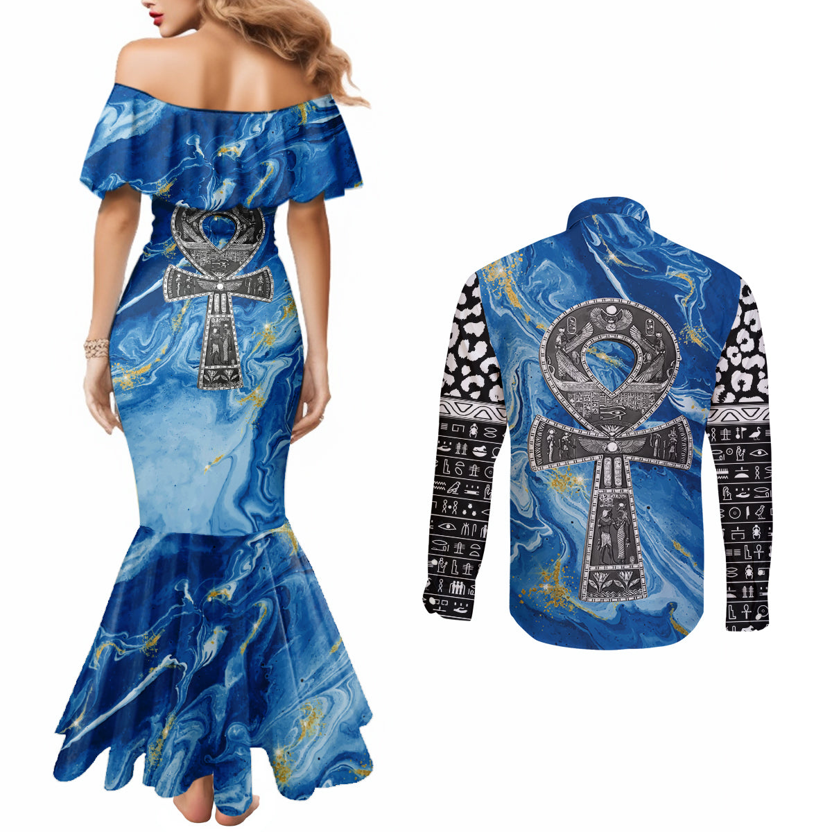 Ankh On Blue Couples Matching Mermaid Dress and Long Sleeve Button Shirt Pan African