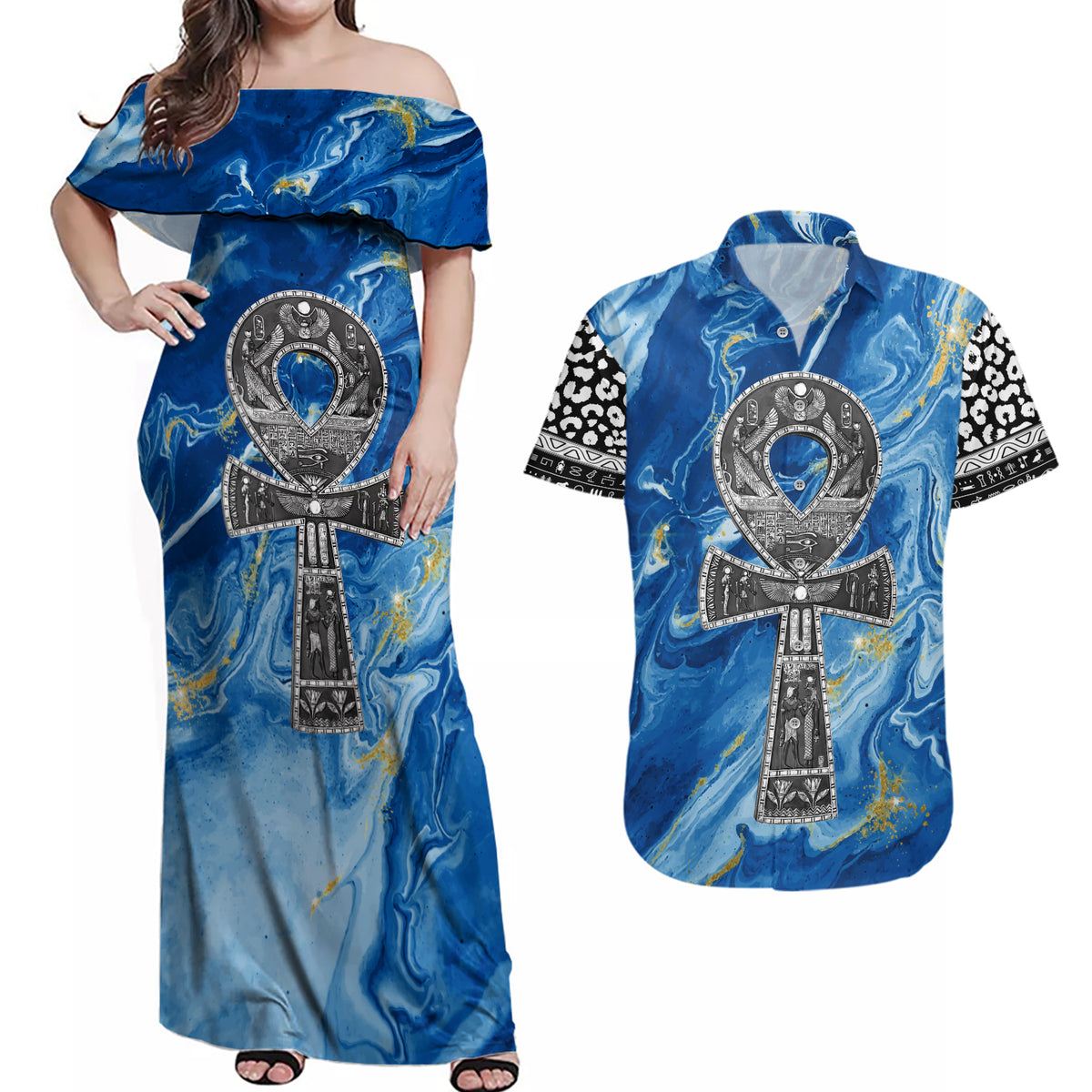 Ankh On Blue Couples Matching Off Shoulder Maxi Dress and Hawaiian Shirt Pan African - Wonder Print Shop