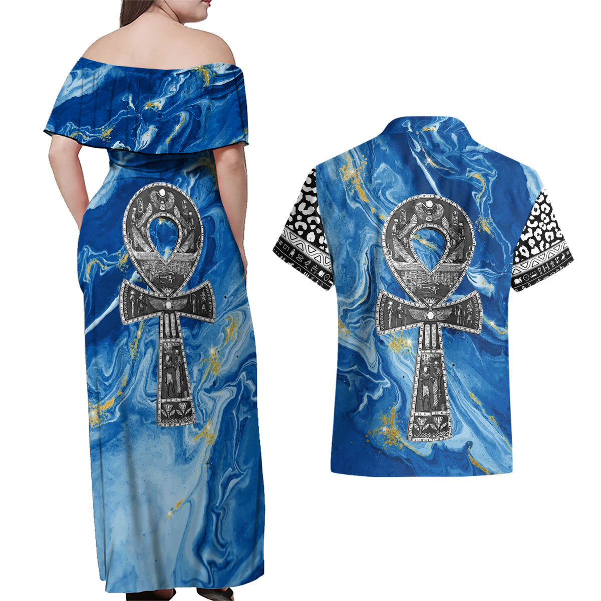 Ankh On Blue Couples Matching Off Shoulder Maxi Dress and Hawaiian Shirt Pan African - Wonder Print Shop