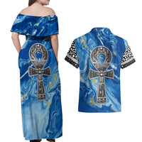 Ankh On Blue Couples Matching Off Shoulder Maxi Dress and Hawaiian Shirt Pan African - Wonder Print Shop