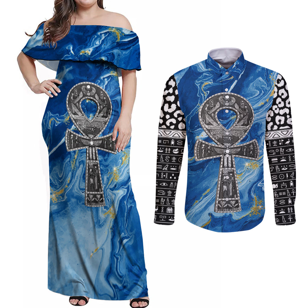 Ankh On Blue Couples Matching Off Shoulder Maxi Dress and Long Sleeve Button Shirt Pan African - Wonder Print Shop
