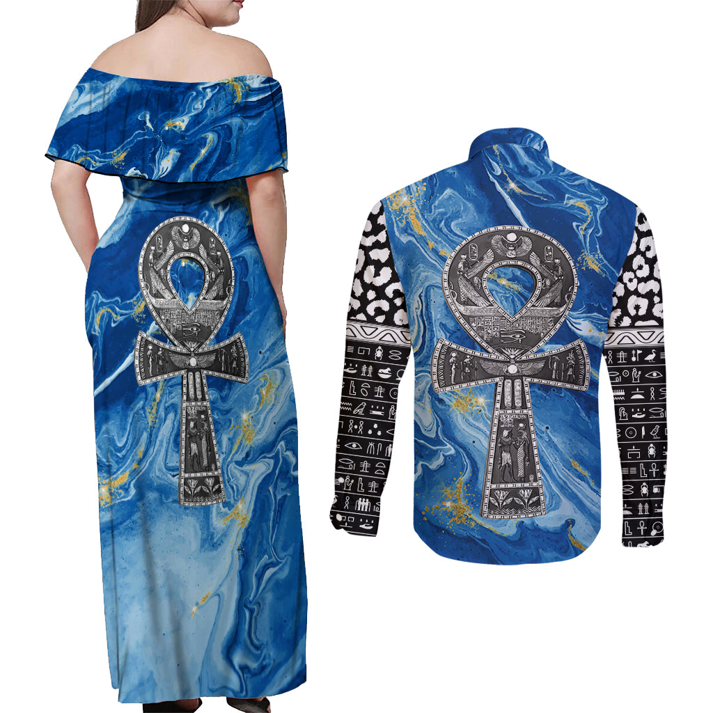 Ankh On Blue Couples Matching Off Shoulder Maxi Dress and Long Sleeve Button Shirt Pan African - Wonder Print Shop