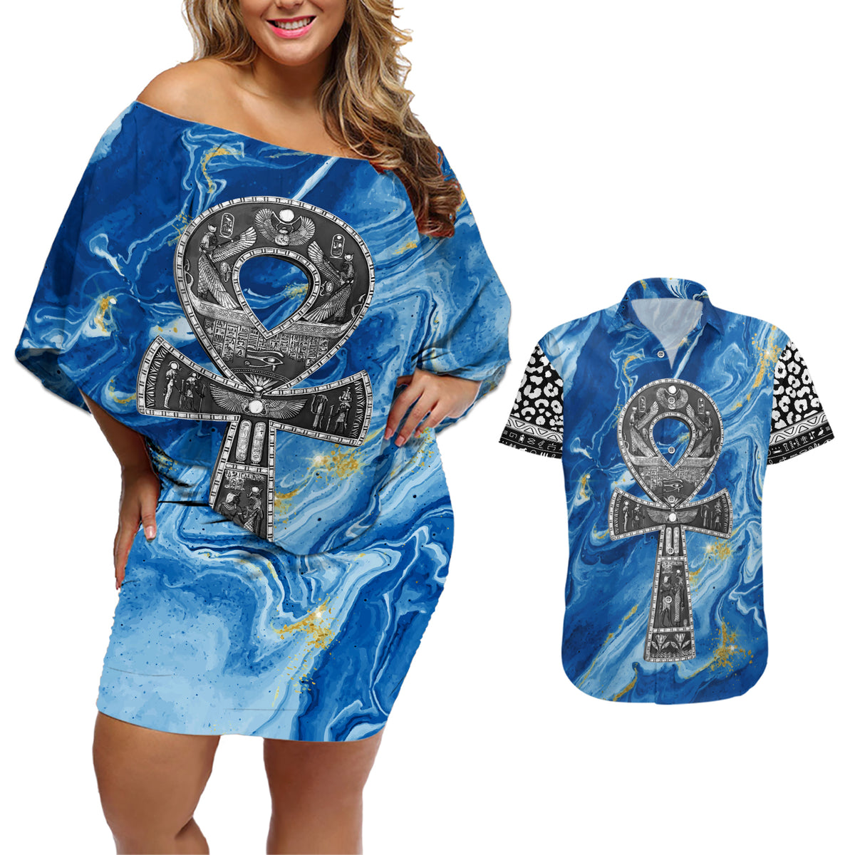 Ankh On Blue Couples Matching Off Shoulder Short Dress and Hawaiian Shirt Pan African - Wonder Print Shop
