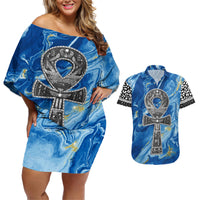 Ankh On Blue Couples Matching Off Shoulder Short Dress and Hawaiian Shirt Pan African - Wonder Print Shop